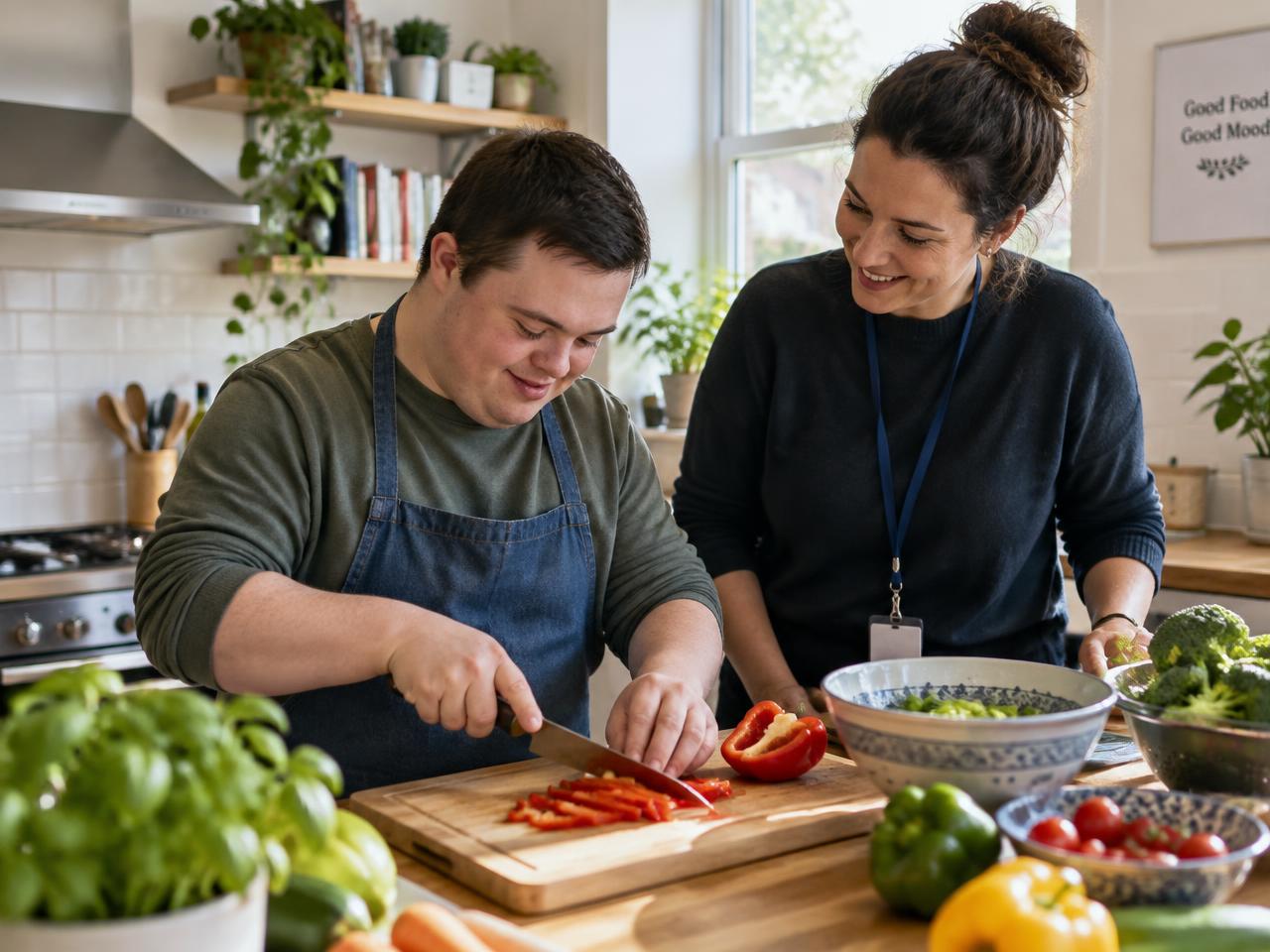 A young man preparing vegetables in a bright kitchen with a support worker