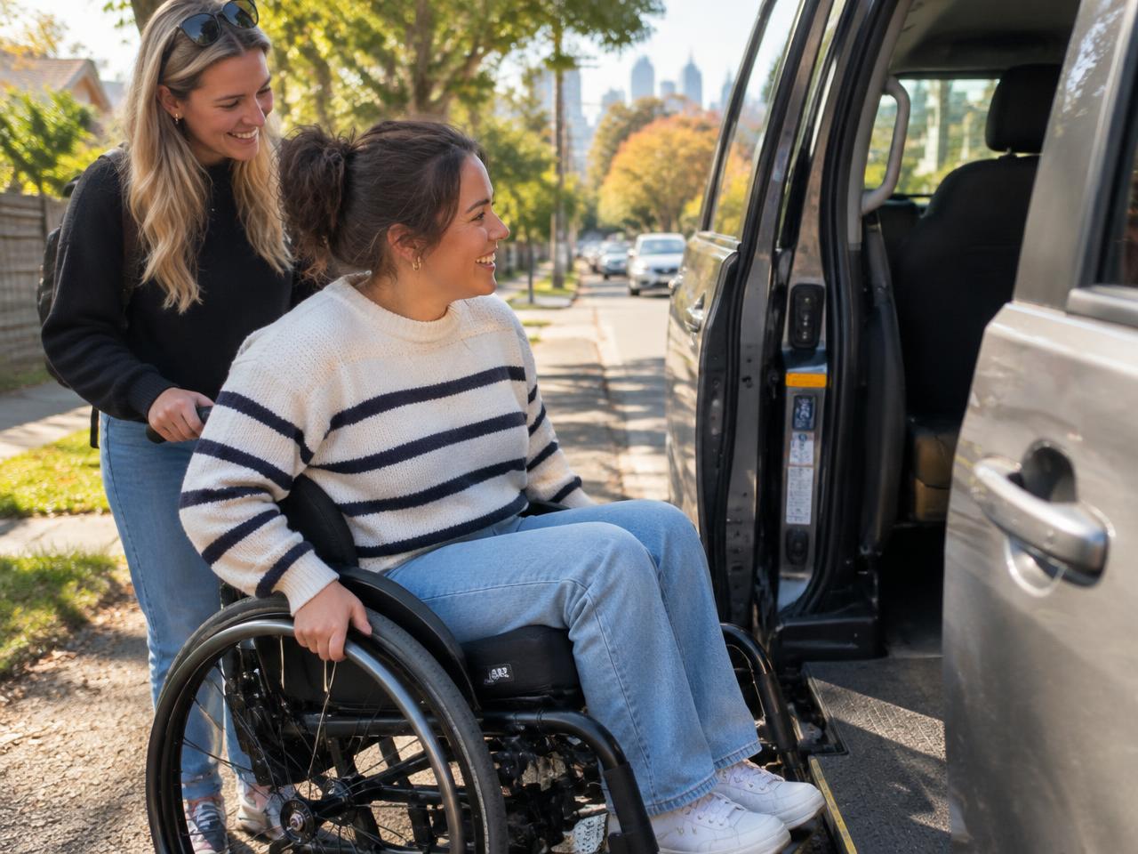A woman using a wheelchair heading out on a sunny suburban street with a friend
