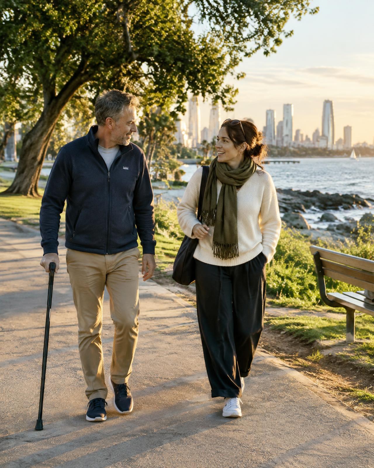Two people walking and chatting along a sunny waterfront path
